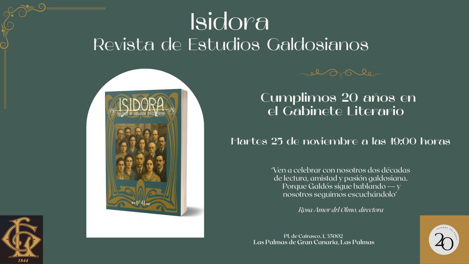 Isidora Revista de Estudios Galdosianos presenta su número 41 y celebra 20 años de trayectoria