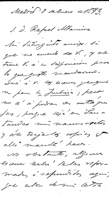 Carta de Benito Pérez Galdós a Rafael Altamira
